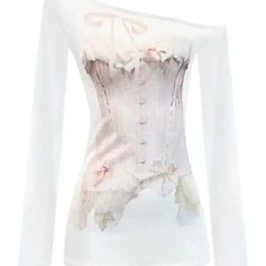 Dreamy Corset Illusion Off-Shoulder Top for 2000s Fashion Lovers