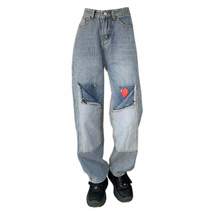 Early 2000s Pixel Heart Wide Jeans - Nostalgia 2000s Fashion Outfit