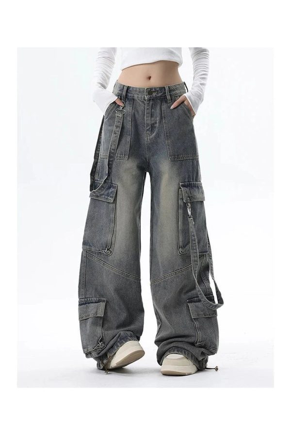 Extreme Wide-Leg Cargo Jeans - 2000s Fashion, Y2K Aesthetic Outfit