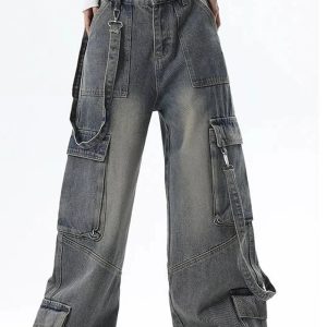 Extreme Wide-Leg Cargo Jeans - 2000s Fashion, Y2K Aesthetic Outfit