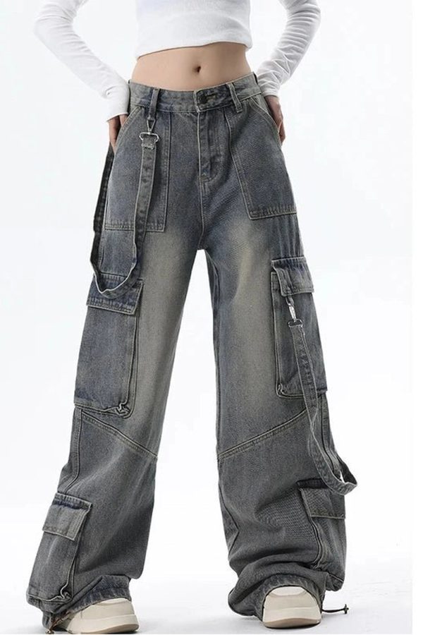 Extreme Wide-Leg Cargo Jeans - 2000s Fashion, Y2K Aesthetic Outfit