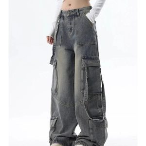 Extreme Wide-Leg Cargo Jeans - 2000s Fashion, Y2K Aesthetic Outfit