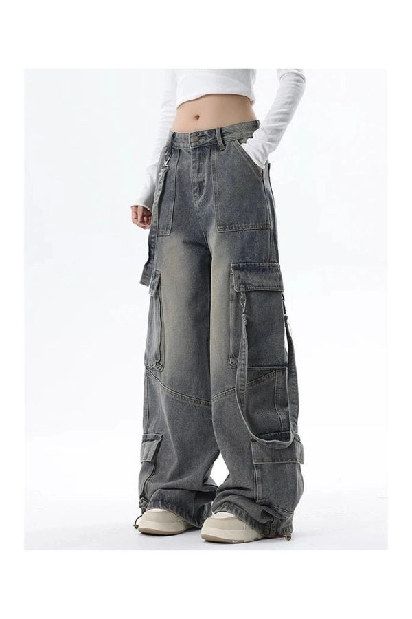 Extreme Wide-Leg Cargo Jeans - 2000s Fashion, Y2K Aesthetic Outfit