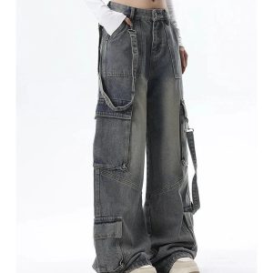 Extreme Wide-Leg Cargo Jeans - 2000s Fashion, Y2K Aesthetic Outfit