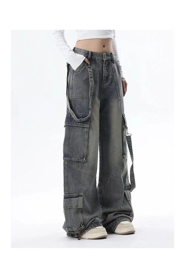 Extreme Wide-Leg Cargo Jeans - 2000s Fashion, Y2K Aesthetic Outfit