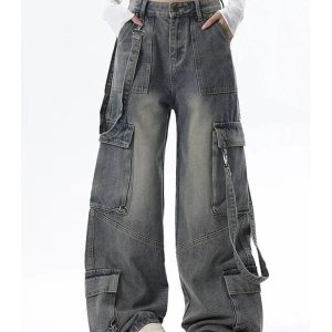 Extreme Wide-Leg Cargo Jeans - 2000s Fashion, Y2K Aesthetic Outfit