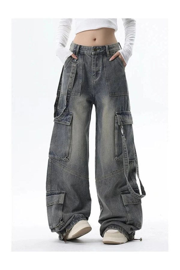 Extreme Wide-Leg Cargo Jeans - 2000s Fashion, Y2K Aesthetic Outfit