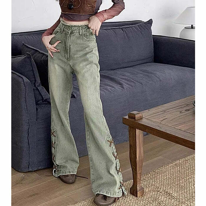 Fairy Grunge Lace Up Jeans - 2000s Fashion, Y2K Aesthetic Outfit