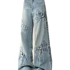 Fall Bow-Accent Wide-Leg Jeans for 2000s Fashion and Nostalgia Outfits