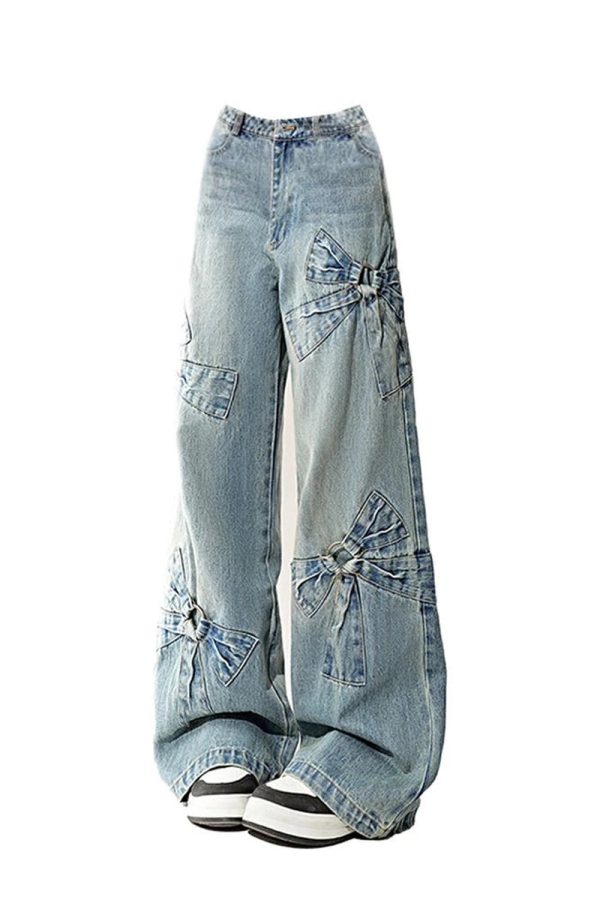 Fall Bow-Accent Wide-Leg Jeans for 2000s Fashion and Nostalgia Outfits