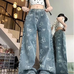 Fall Butterfly Dream Wide-Leg Jeans - 2000s Fashion Nostalgia Outfit