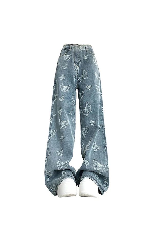 Fall Butterfly Dream Wide-Leg Jeans - 2000s Fashion Nostalgia Outfit