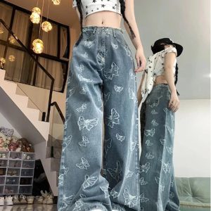 Fall Butterfly Dream Wide-Leg Jeans - 2000s Fashion Nostalgia Outfit