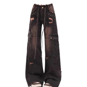 Fall Dark Cargo Distressed Jeans - 2000s Fashion Inspired Women's Outfit