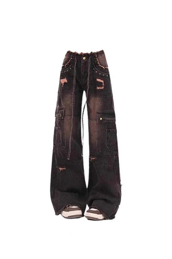 Fall Dark Cargo Distressed Jeans - 2000s Fashion Inspired Women's Outfit