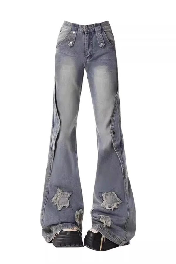 Fall Distressed Star Flare Jeans - 2000s Fashion Inspired Outfit