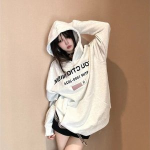 Fall Edgy Reverse Text Oversized Hoodie - 2000s Fashion Nostalgia Outfit