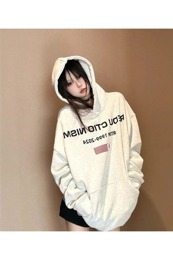 Fall Edgy Reverse Text Oversized Hoodie - 2000s Fashion Nostalgia Outfit