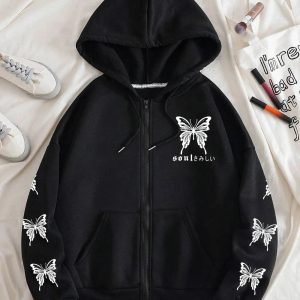 Fall Gothic Butterfly Zip-Up Hoodie - 2000s Fashion Inspired Outfit