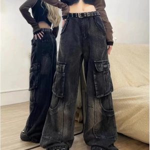 Fall Gothic Cargo Flare Jeans - 2000s Fashion Inspired Women's Outfit