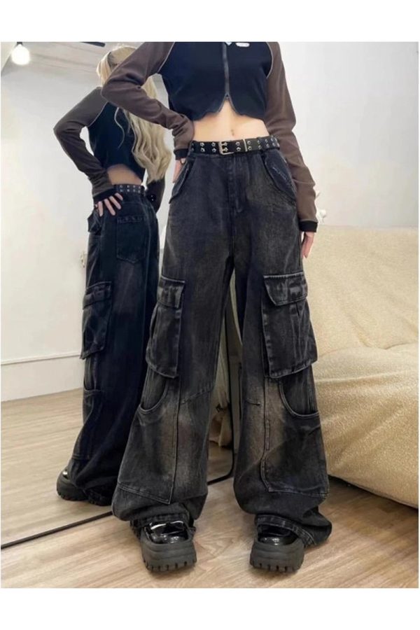 Fall Gothic Cargo Flare Jeans - 2000s Fashion Inspired Women's Outfit