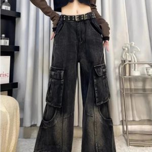 Fall Gothic Cargo Flare Jeans - 2000s Fashion Inspired Women's Outfit