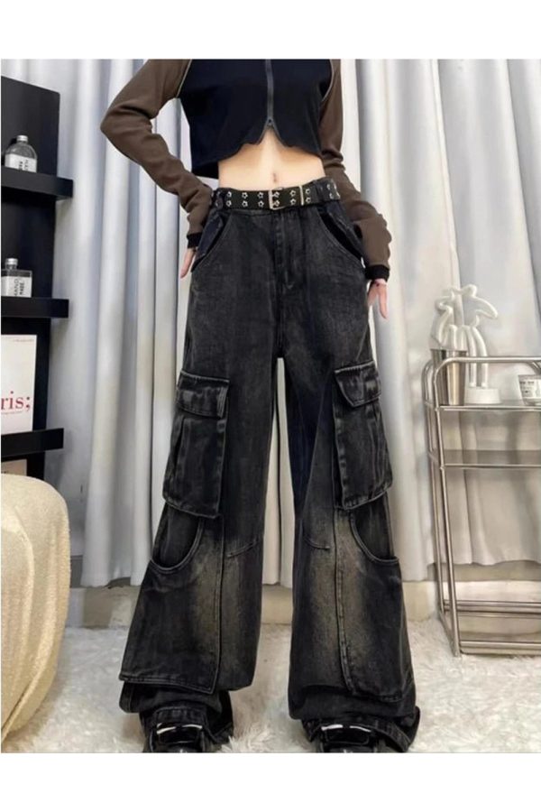 Fall Gothic Cargo Flare Jeans - 2000s Fashion Inspired Women's Outfit