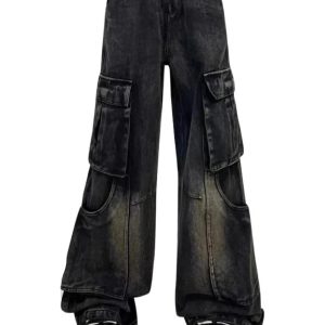 Fall Gothic Cargo Flare Jeans - 2000s Fashion Inspired Women's Outfit