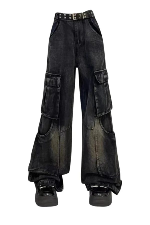 Fall Gothic Cargo Flare Jeans - 2000s Fashion Inspired Women's Outfit