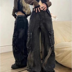 Fall Gothic Cargo Flare Jeans - 2000s Fashion Inspired Women's Outfit