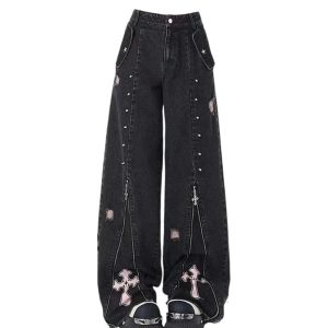 Fall Gothic Cross Flare Jeans - 2000s Fashion Inspired Trashy Party Outfit