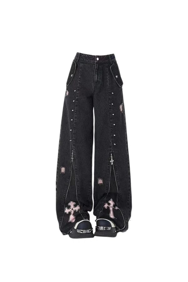 Fall Gothic Cross Flare Jeans - 2000s Fashion Inspired Trashy Party Outfit