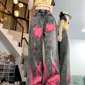 Fall Graffiti Splash Wide-Leg Jeans - 2000s Fashion Nostalgia Outfit