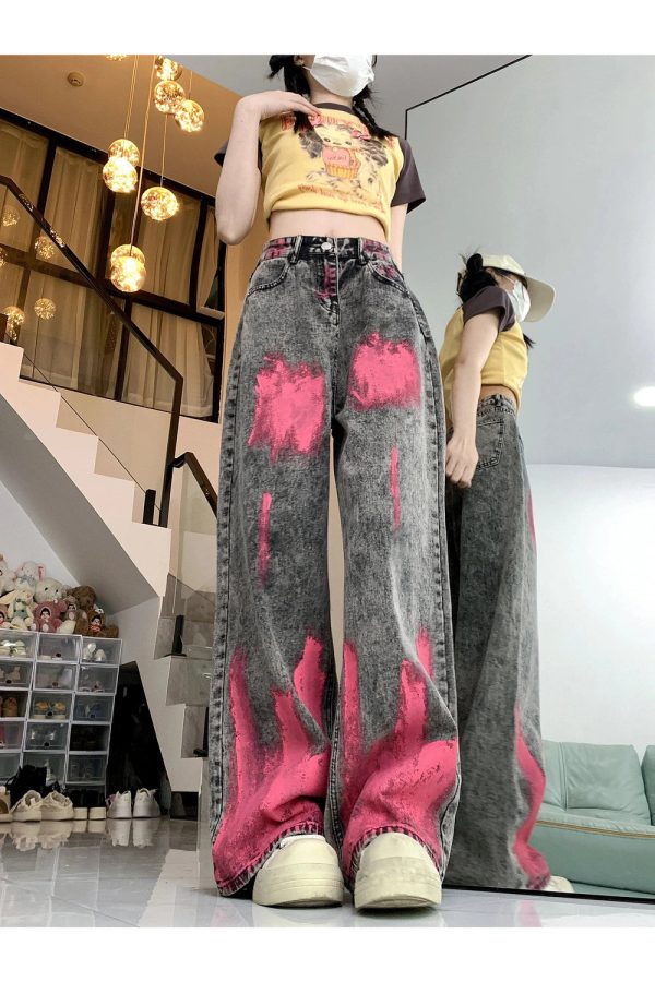 Fall Graffiti Splash Wide-Leg Jeans - 2000s Fashion Nostalgia Outfit