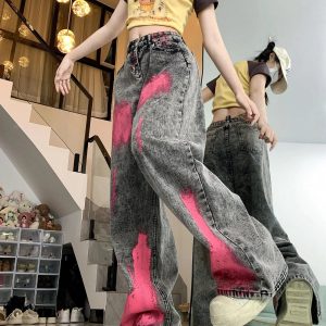 Fall Graffiti Splash Wide-Leg Jeans - 2000s Fashion Nostalgia Outfit