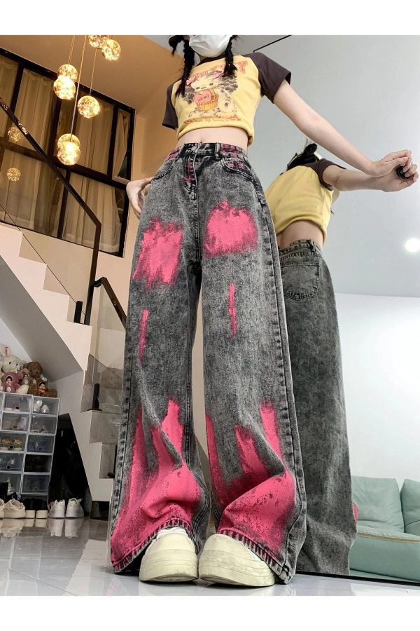 Fall Graffiti Splash Wide-Leg Jeans - 2000s Fashion Nostalgia Outfit