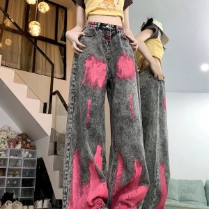 Fall Graffiti Splash Wide-Leg Jeans - 2000s Fashion Nostalgia Outfit