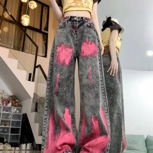 Fall Graffiti Splash Wide-Leg Jeans - 2000s Fashion Nostalgia Outfit