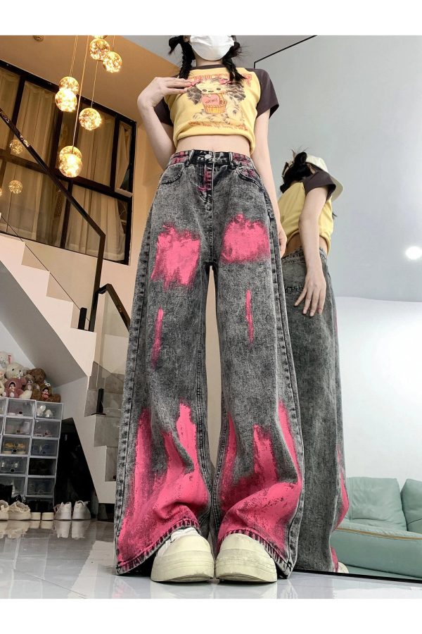 Fall Graffiti Splash Wide-Leg Jeans - 2000s Fashion Nostalgia Outfit