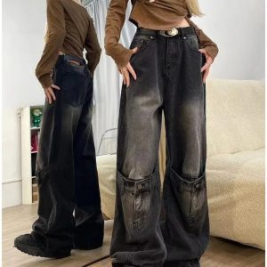 Fall Grunge Buckle Wide-Leg Jeans - 2000s Fashion Nostalgia Outfit