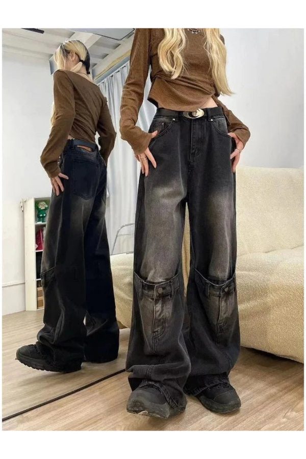 Fall Grunge Buckle Wide-Leg Jeans - 2000s Fashion Nostalgia Outfit