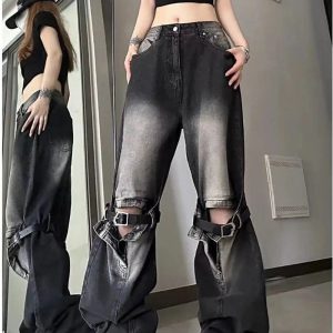 Fall Grunge Buckle Wide-Leg Jeans - 2000s Fashion Nostalgia Outfit