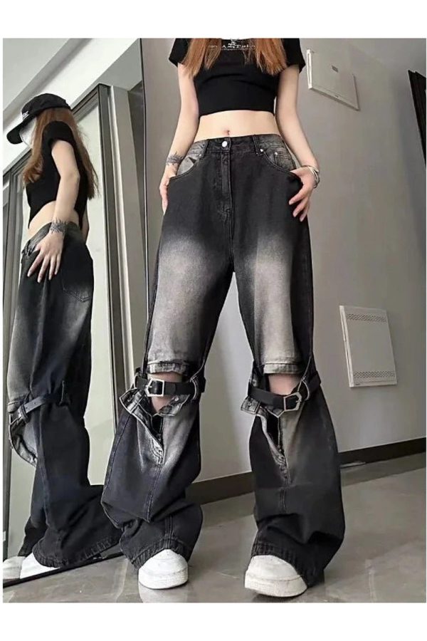 Fall Grunge Buckle Wide-Leg Jeans - 2000s Fashion Nostalgia Outfit