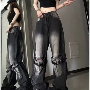 Fall Grunge Buckle Wide-Leg Jeans - 2000s Fashion Nostalgia Outfit