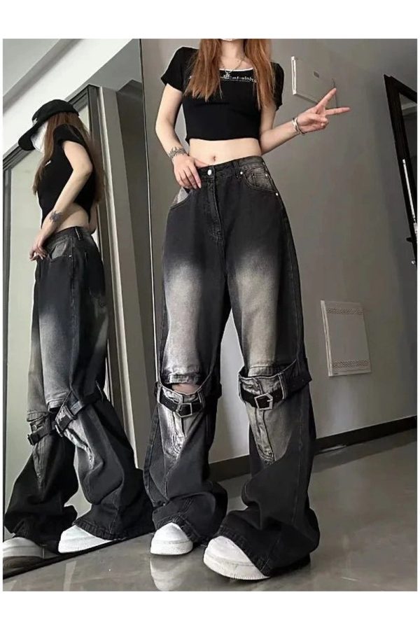 Fall Grunge Buckle Wide-Leg Jeans - 2000s Fashion Nostalgia Outfit