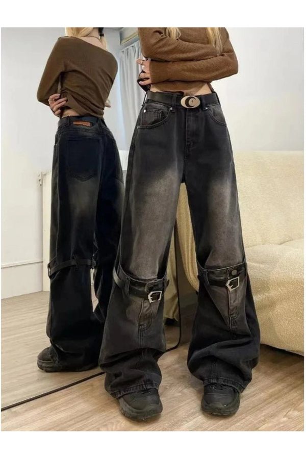 Fall Grunge Buckle Wide-Leg Jeans - 2000s Fashion Nostalgia Outfit