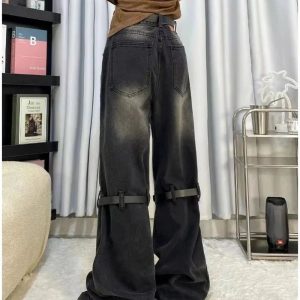 Fall Grunge Buckle Wide-Leg Jeans - 2000s Fashion Nostalgia Outfit