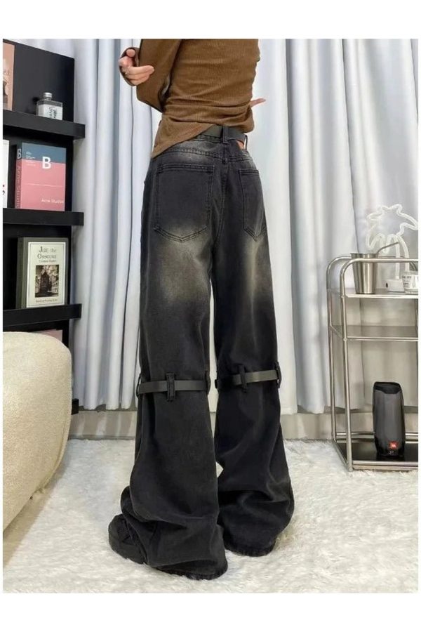 Fall Grunge Buckle Wide-Leg Jeans - 2000s Fashion Nostalgia Outfit