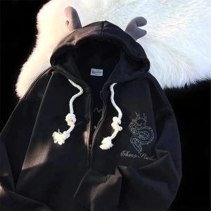 Fall Mystic Dragon Hoodie with Horns - 2000s Fashion Nostalgia Outfit