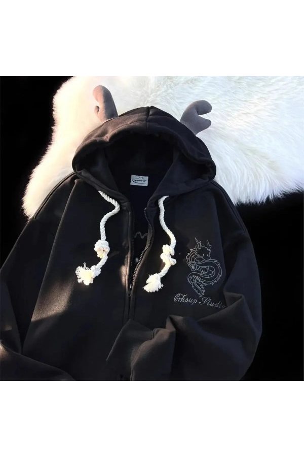 Fall Mystic Dragon Hoodie with Horns - 2000s Fashion Nostalgia Outfit